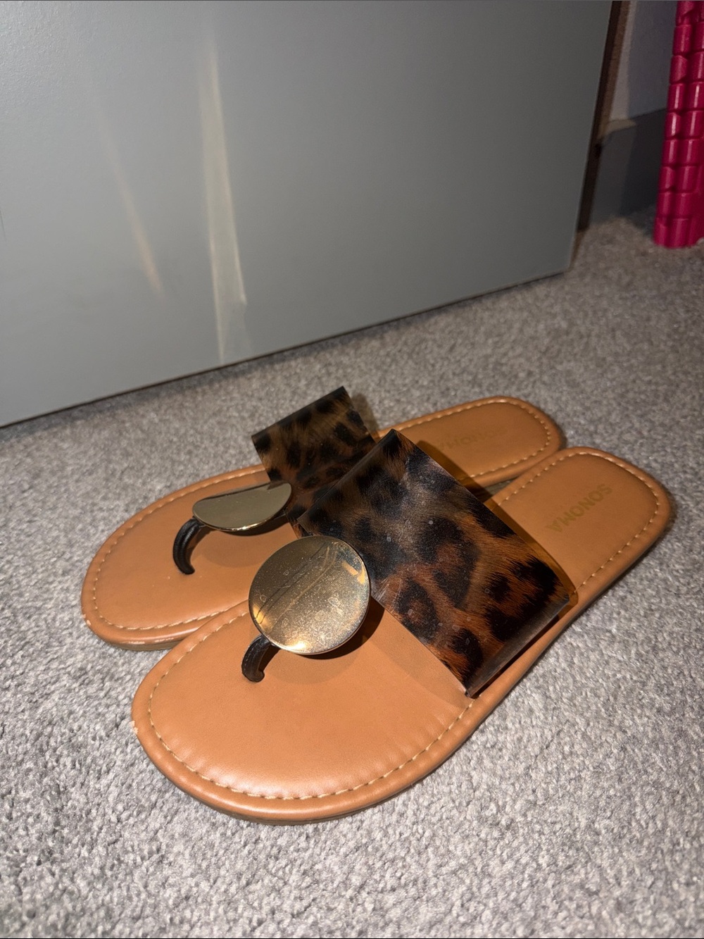 Sonoma Leopard Print Tan Slide Sandals with Gold Accent